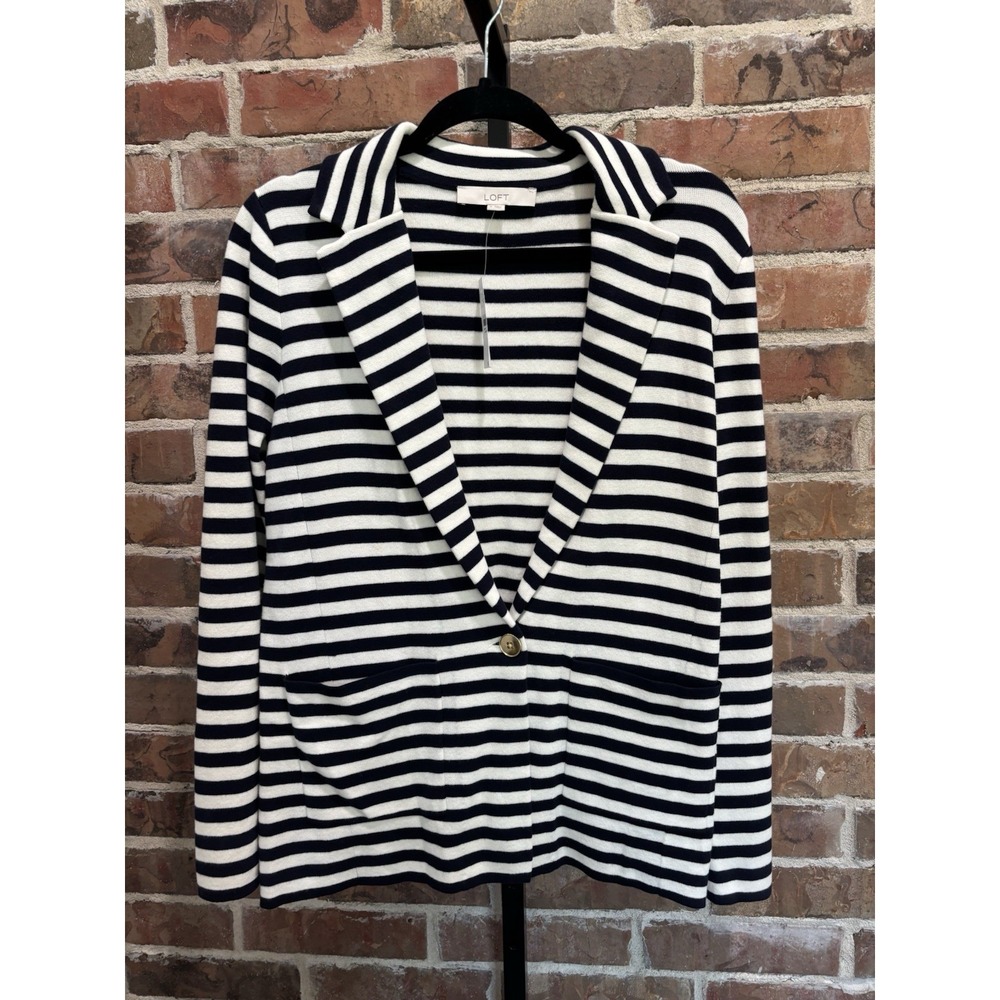 Loft $79 Sweater Knit Blazer Jacket Womens S, Striped Navy & White, Business